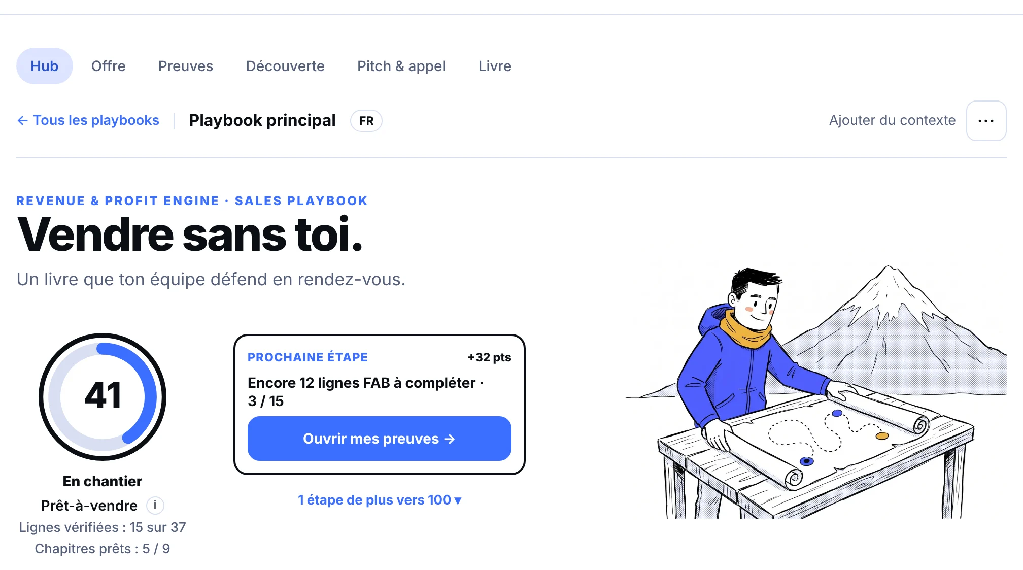 Écran Sales Playbook de FounderOS sur une société fictive.