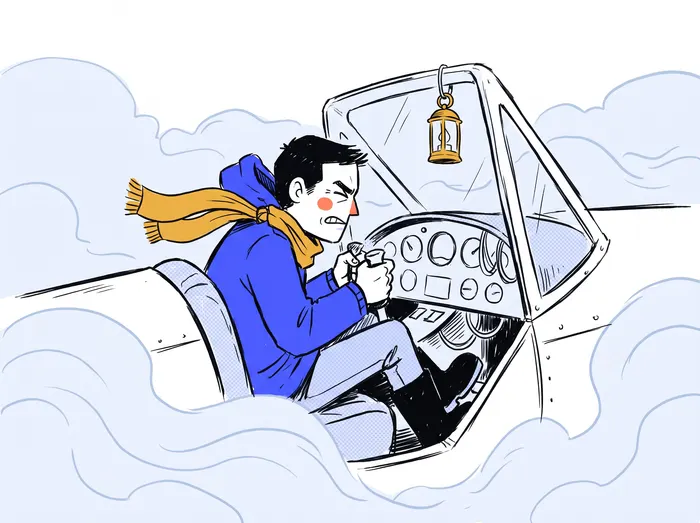 Le fondateur pilote un petit avion dans le brouillard, les yeux sur ses instruments.